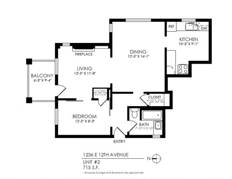 Floor plan for 1 bed, 1 bath, 515 sqft